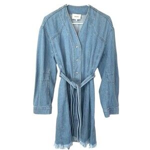 NWOT NANUSHKA Iris Blue Denim‎ V-Neck Raw-Hem Belted Knee-Length Jacket Dress XL